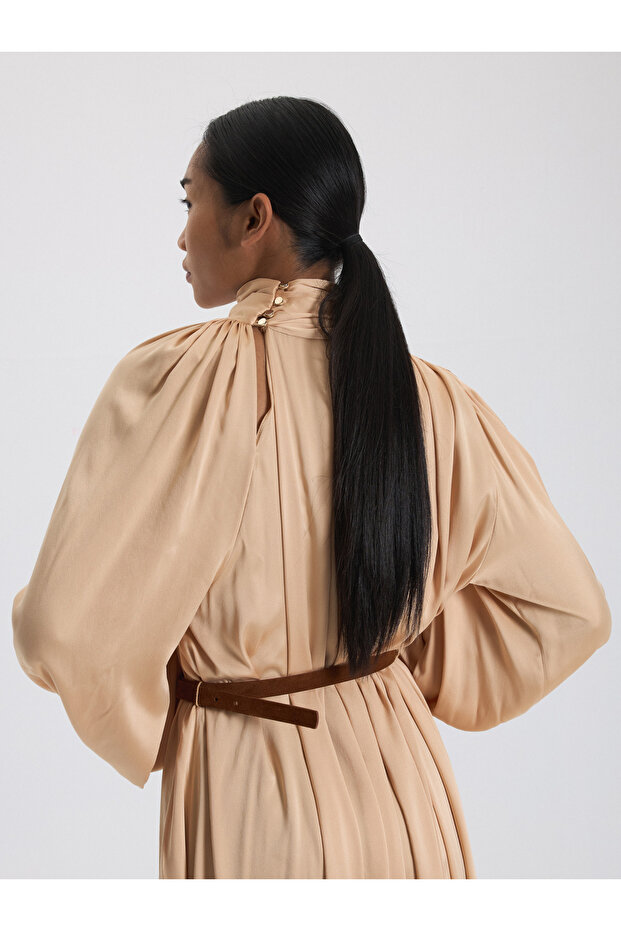 Bej Drapeli Asimetrik Elbise - 4