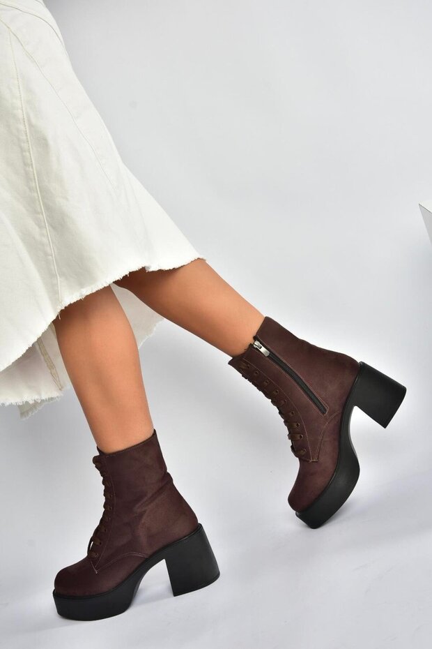 V726681502 Brown Suede Thick Heeled Lace-Up Women's Boots