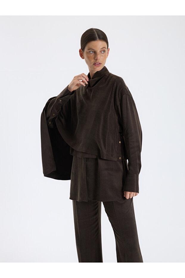 Kahverengi Drapeli Bluz - 1