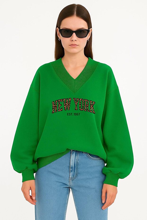New York Printed Unisex V-Neck Sweatshirt