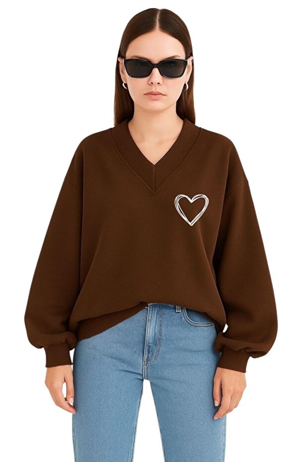 Heart Printed Unisex V-Neck Sweatshirt
