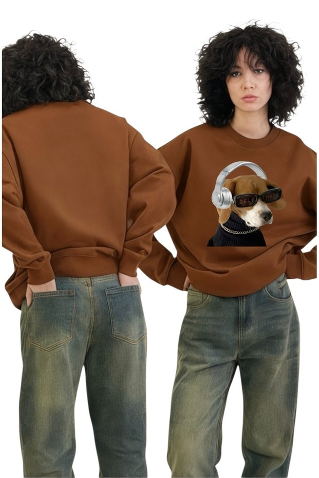 Unisex Long Sleeve Headphone Dog Transfer Printed Crew Neck Sweatshirt