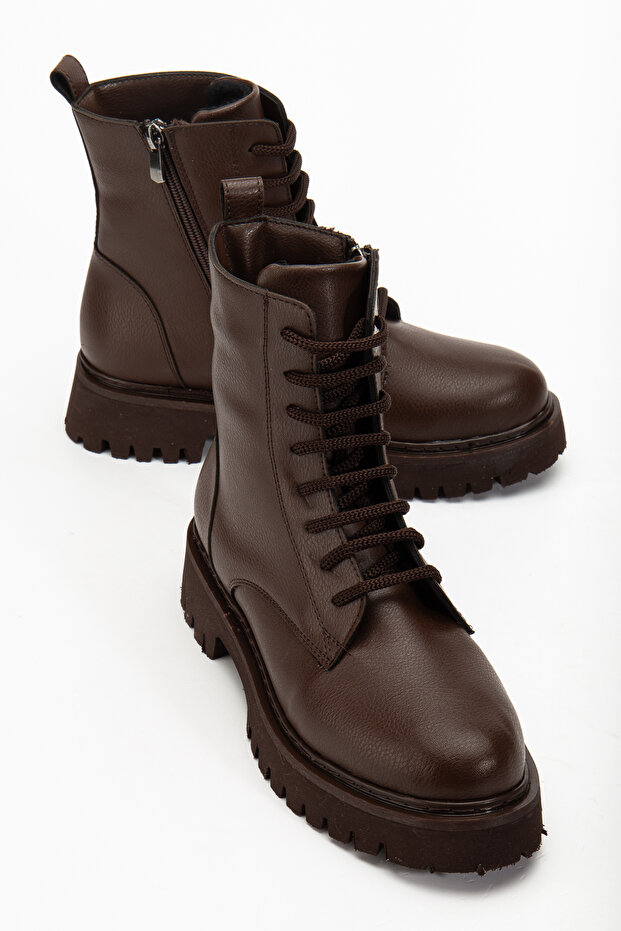 Mocha Brown Leather Lace-Up Women's Combat Boots with Zipper