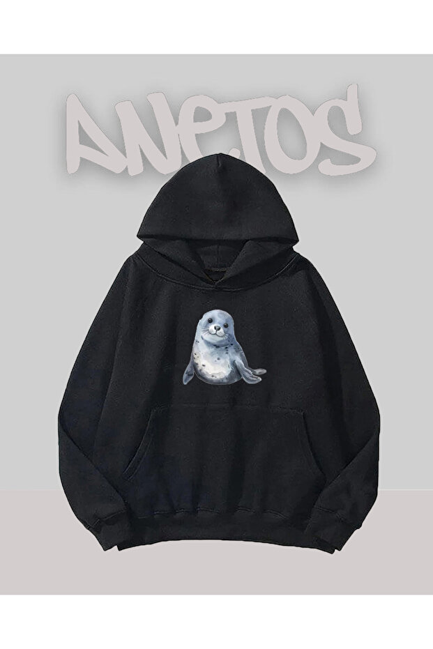 Seal Design Black Front Printed Sweatshirt