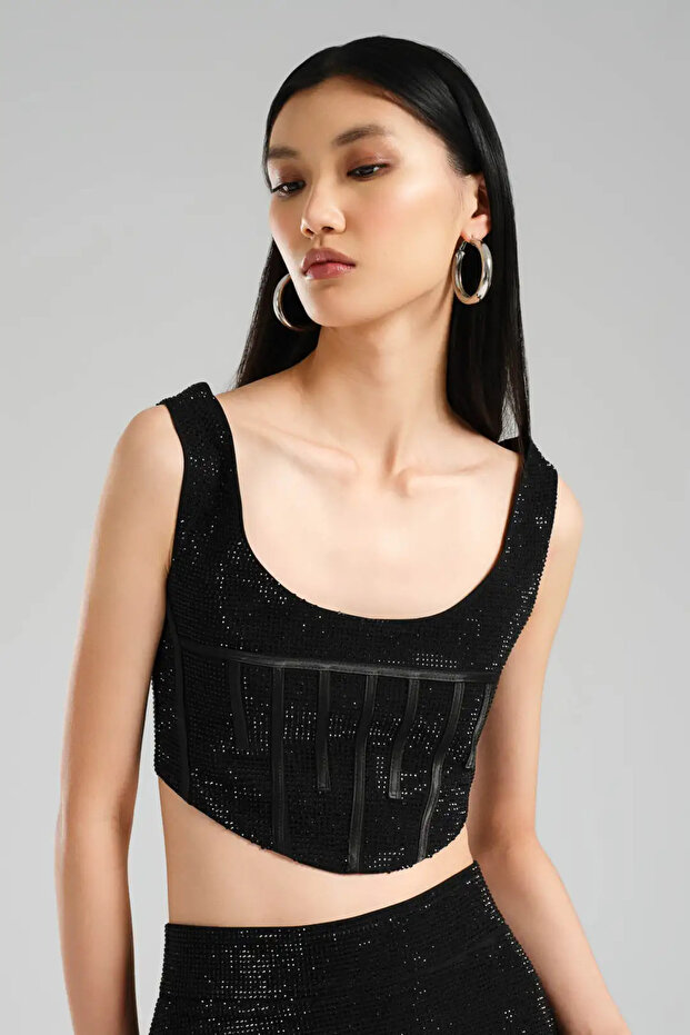 tw3 Kadın Özel Tasarım Taşlı Crop Bluz - 1