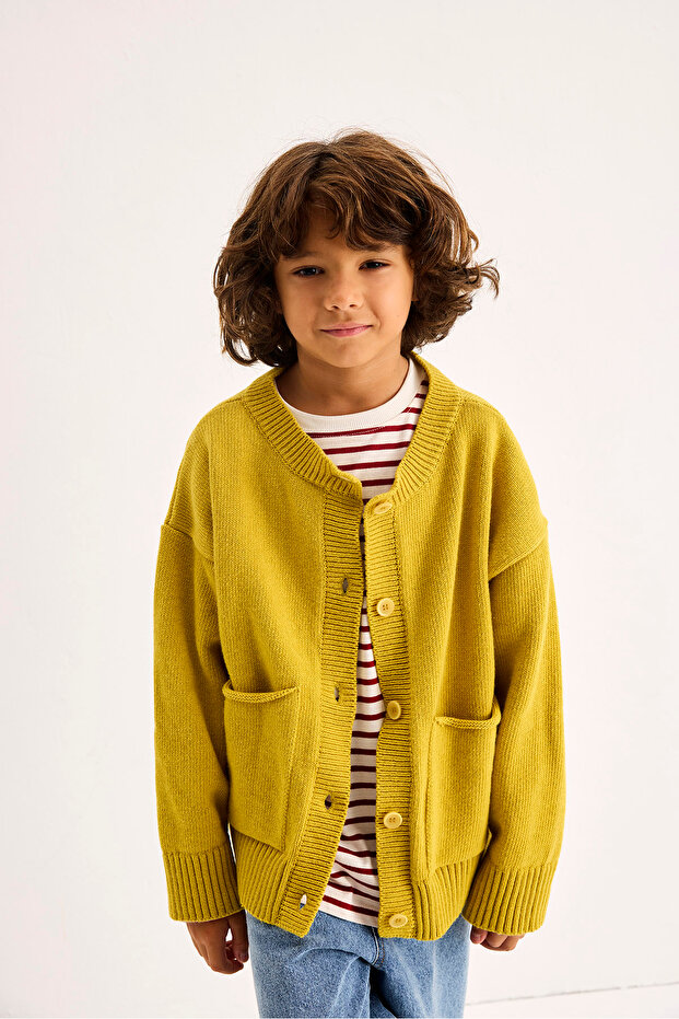 Yünlü Oversize Triko Hırka Sarı - 5