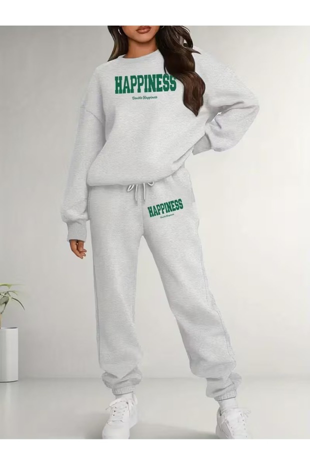 Women's Crew Neck Happiness Printed Top and Bottom Black Tracksuit Set Oversize Boyfriend Style