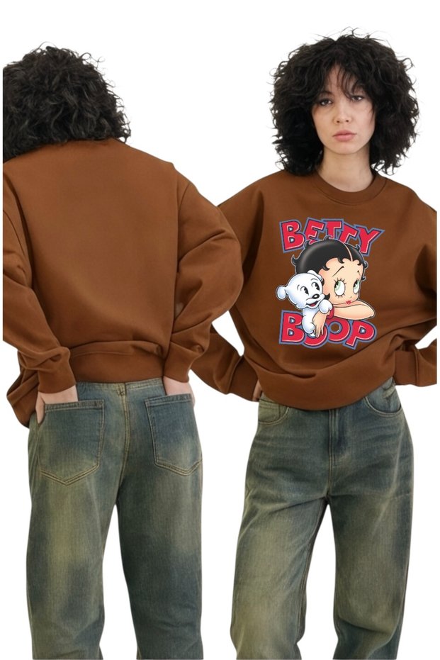Unisex Long Sleeve Betty Boop Transfer Printed Crew Neck Sweatshirt
