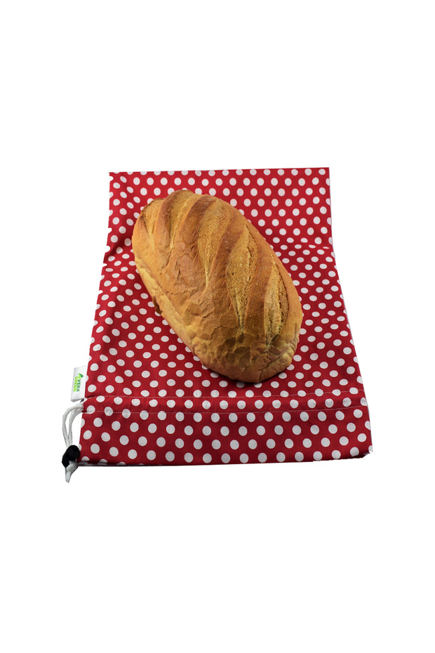 Bag, padded bag for bread 2-3 kg, made of textile, with drawstring and stopper, red with polka dots, size L - 1