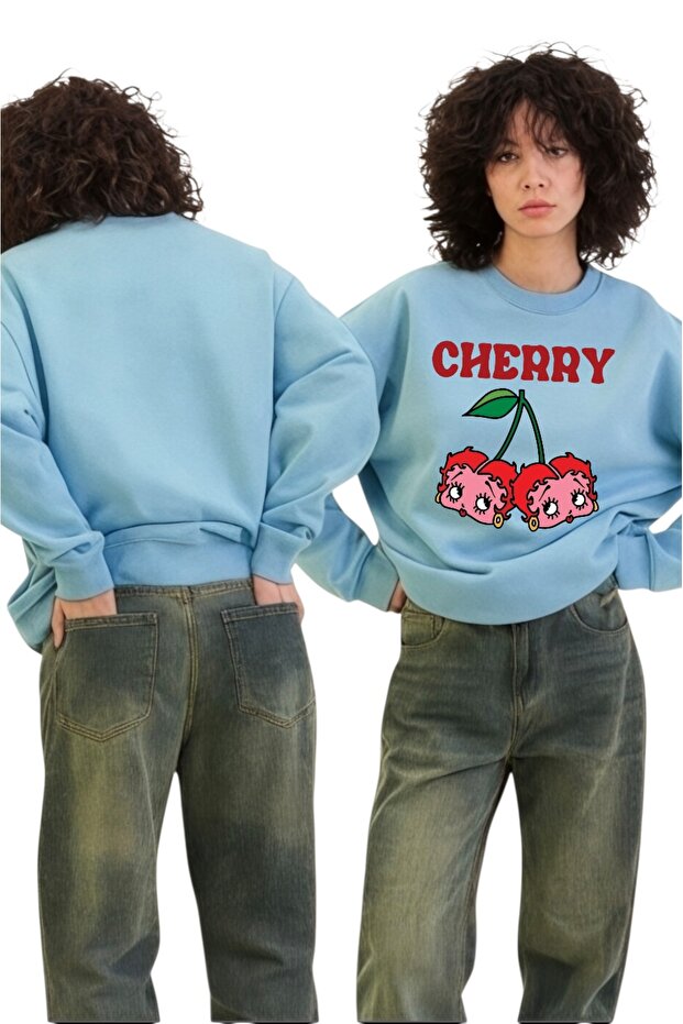 Unisex Long Sleeve Cherry Betty Boop Transfer Printed Crew Neck Sweatshirt