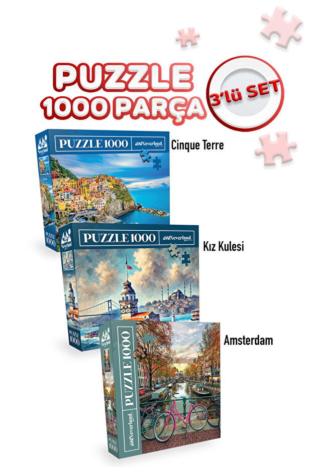 3 Pcs 1000 Piece Puzzle - Cinque Terre and the Girl Tower and Amsterdam