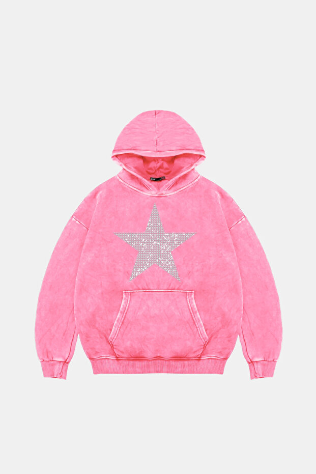 Star Stone Printed Oversize Unisex Washable Pink Hoodie