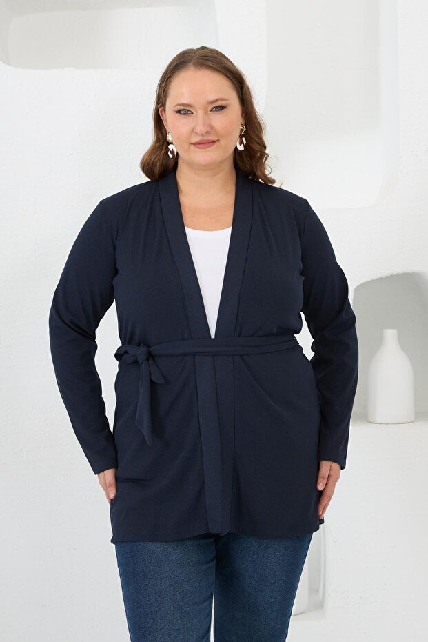 Waist-Tied Knitted Plus Size Cardigan Navy Blue