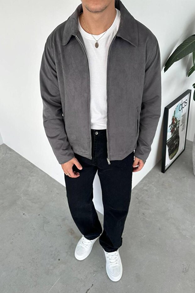 Gray Suede Fabric Basic Relaxed Jacket