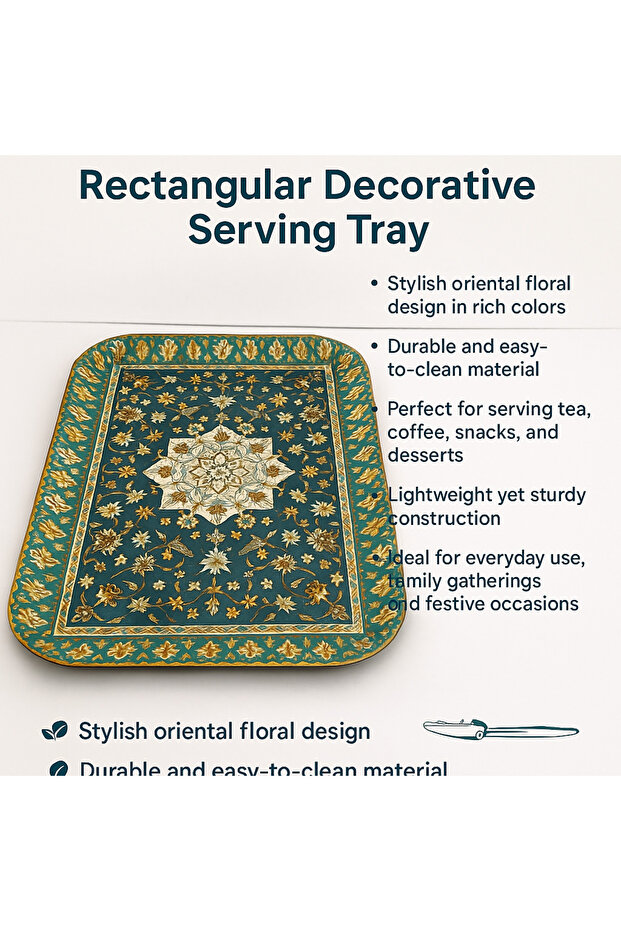 صينية تقديم مستطيلة مزخرفة بتصميم زهور شرقية - 1