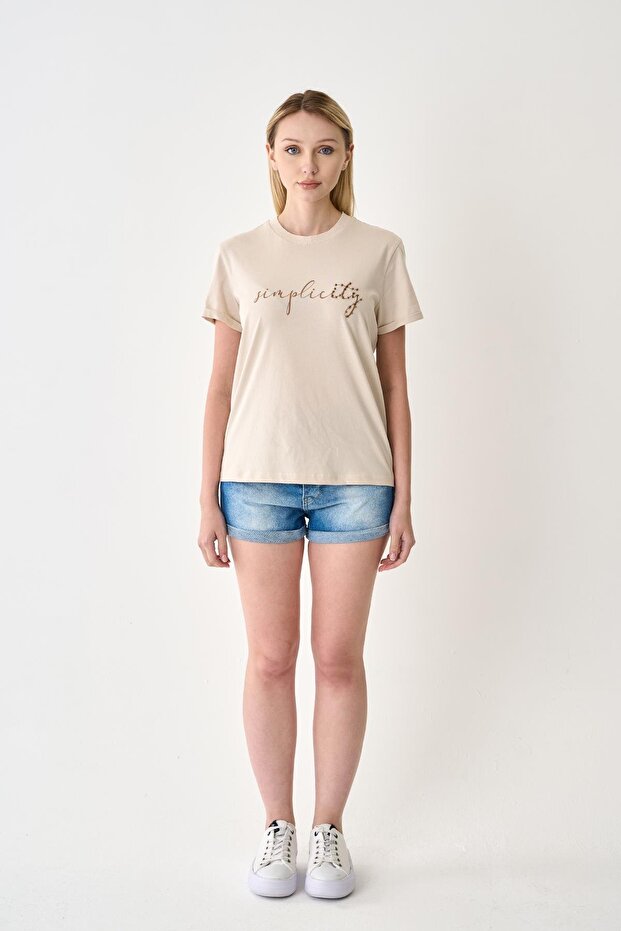 Women's Ribbed Collar 100% Cotton Stone T-Shirt