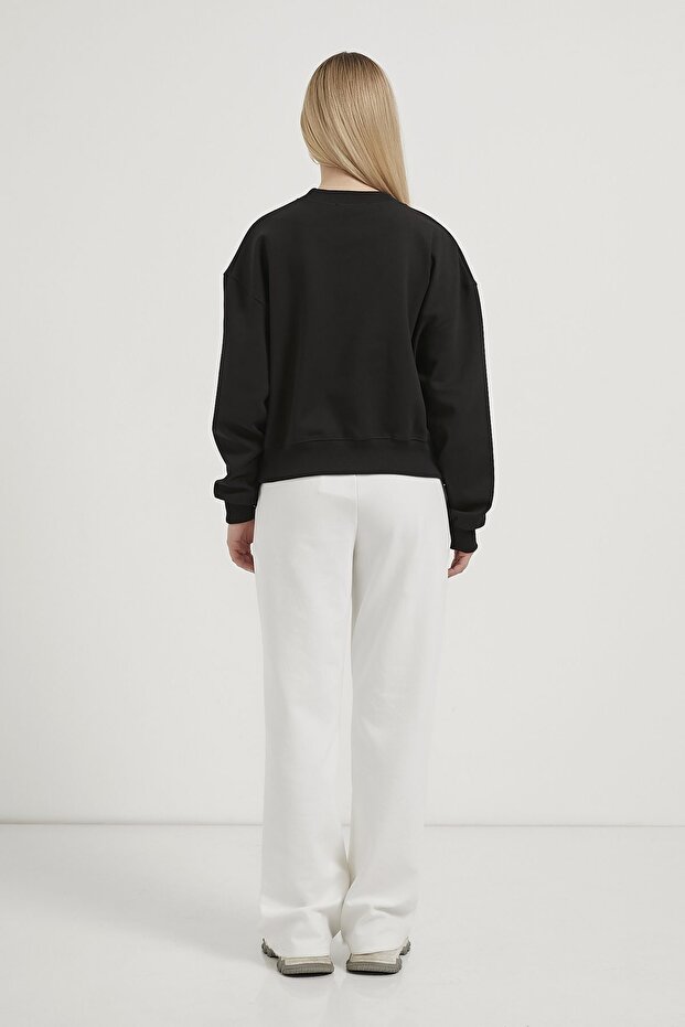 Kadın Omzu Taşlı Basic Siyah Oversize Sweatshirt - 5
