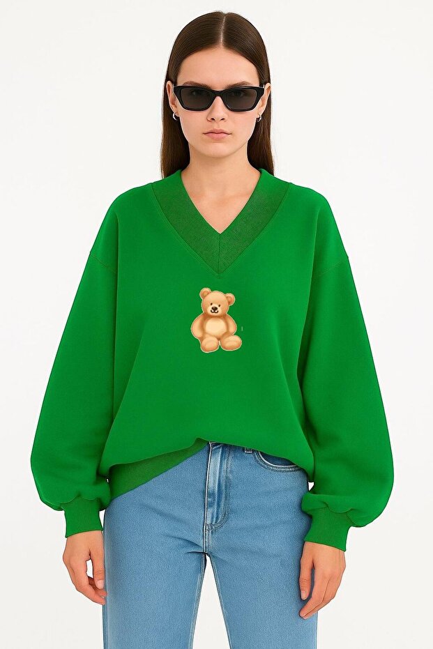Bear Printed Unisex V-Neck Sweatshirt