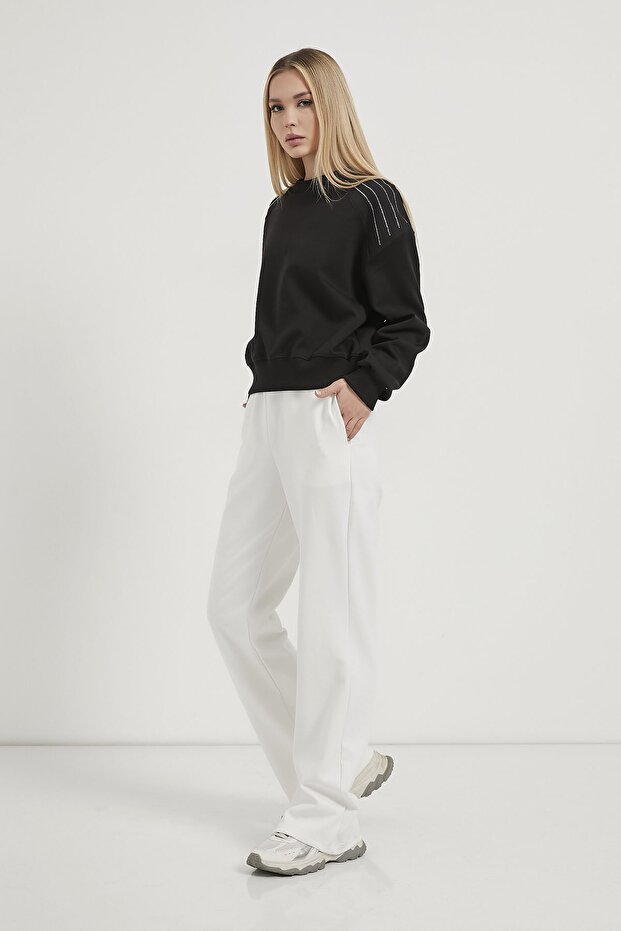 Kadın Omzu Taşlı Basic Siyah Oversize Sweatshirt - 3