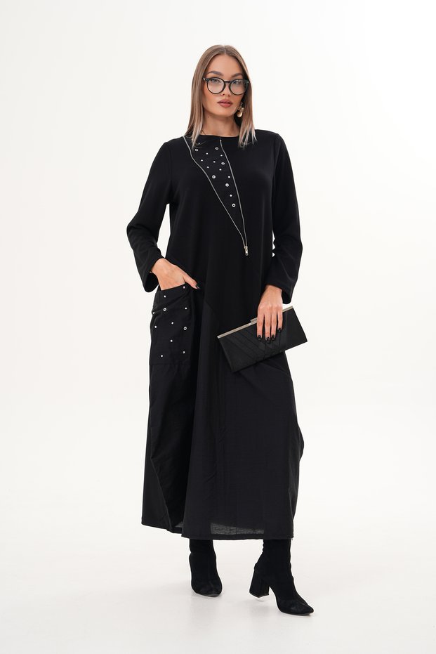 Women's Black Staple Printed Pocket Detailed Casual Design Long Dress