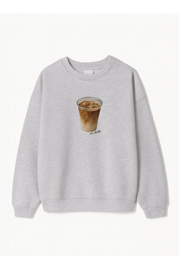 Unisex Oversize Fit Sweatshirt with Iced Latte Print – Crew Neck, 3 Thread Fleece