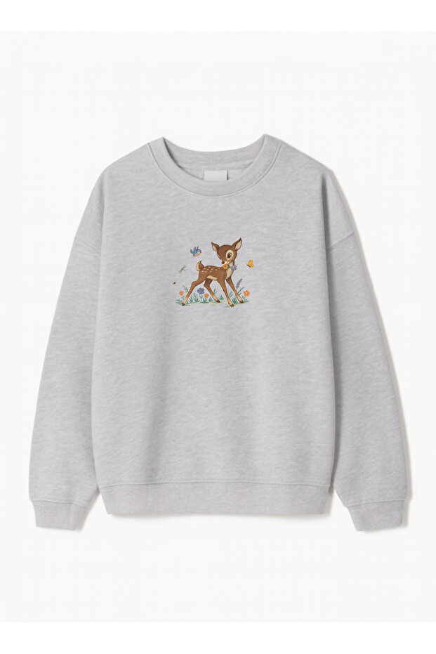 Women's Oversize Fit Sweatshirt Little Deer Printed – Crew Neck, 3 Thread Fleece
