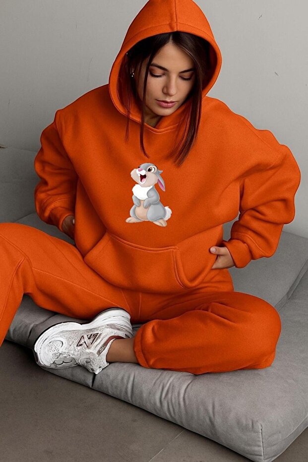 3-Ply Combed Cotton Rabbit Printed Unisex Hooded Sweatshirt