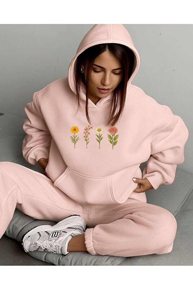 3-Ply Combed Cotton Flower Printed Unisex Hooded Sweat