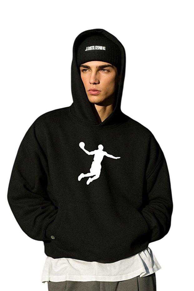 3-Ply Combed Cotton Basketball Playing Printed Unisex Hooded Sweatshirt