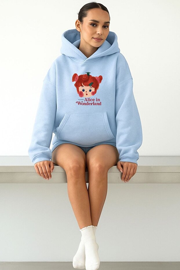 3 Yarn Combed Cotton Alice in Wonderland Printed Unisex Hooded Sweatshirt