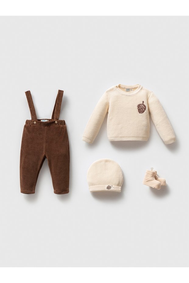 Luxury Velvet Baby Boy Salopet Knitwear Sweater Socks Hat Boxed Gift Set of 4