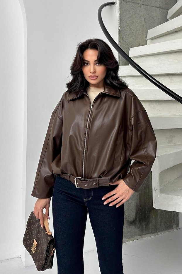 Brown Faux Leather Collar Bomber Jacket