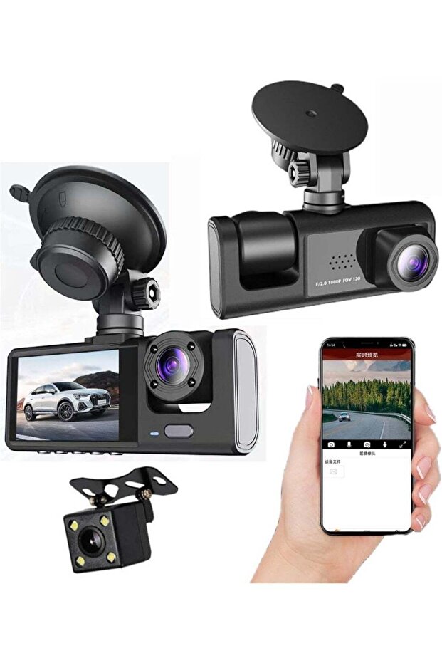 3-Channel 1080P Full HD Dash Cam for Front, Rear & Inside