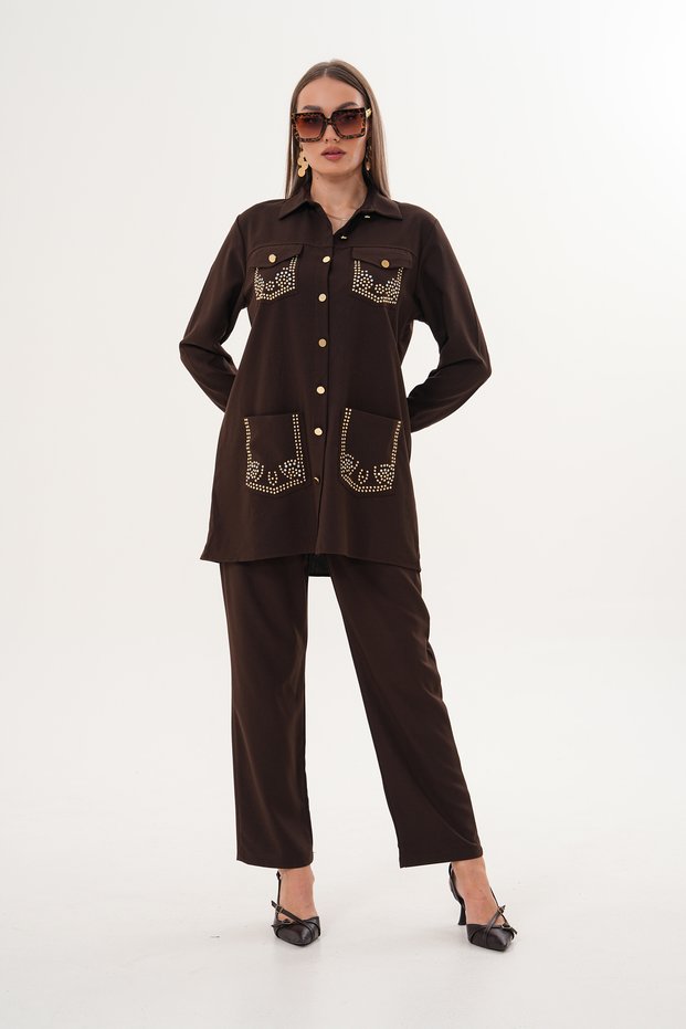 Women's Brown Stone Print Detailed Pocketed Shirt Pants Set