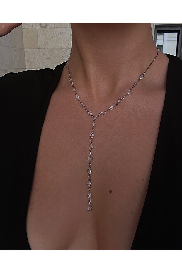 Zirkon Taş Çelik Zincir Kolye - 2