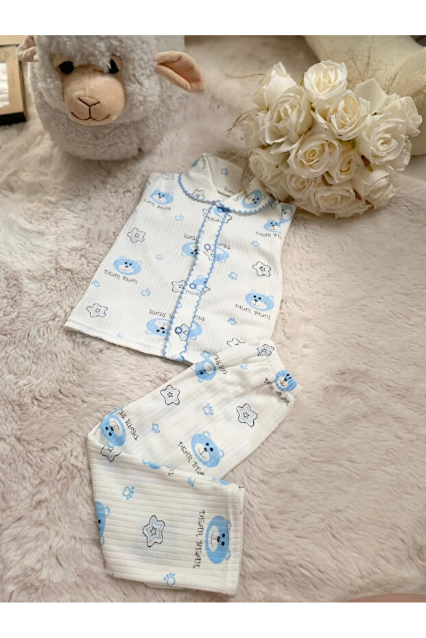 Cute Teddy Bear and Star Printed Double Pajama Set