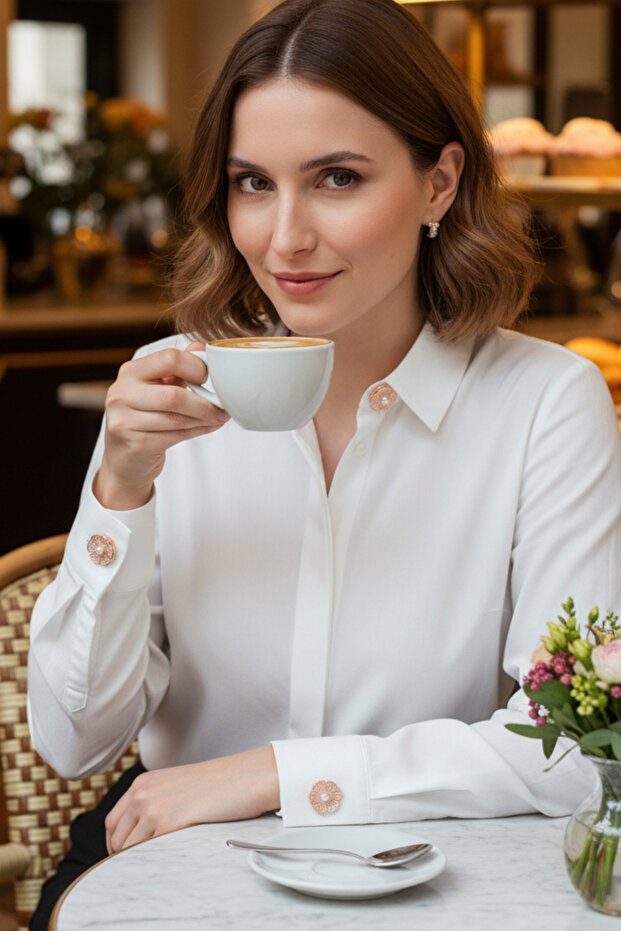 Yeni Trend Bronz İnci Detaylı Çiçek Düğme Kapağı Broş Düğme Klipsi 1 Adet - Aurora Bloom - 7