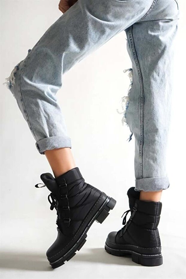 Kadın Siyah Paraşüt Kumaş Kar Botu - 3