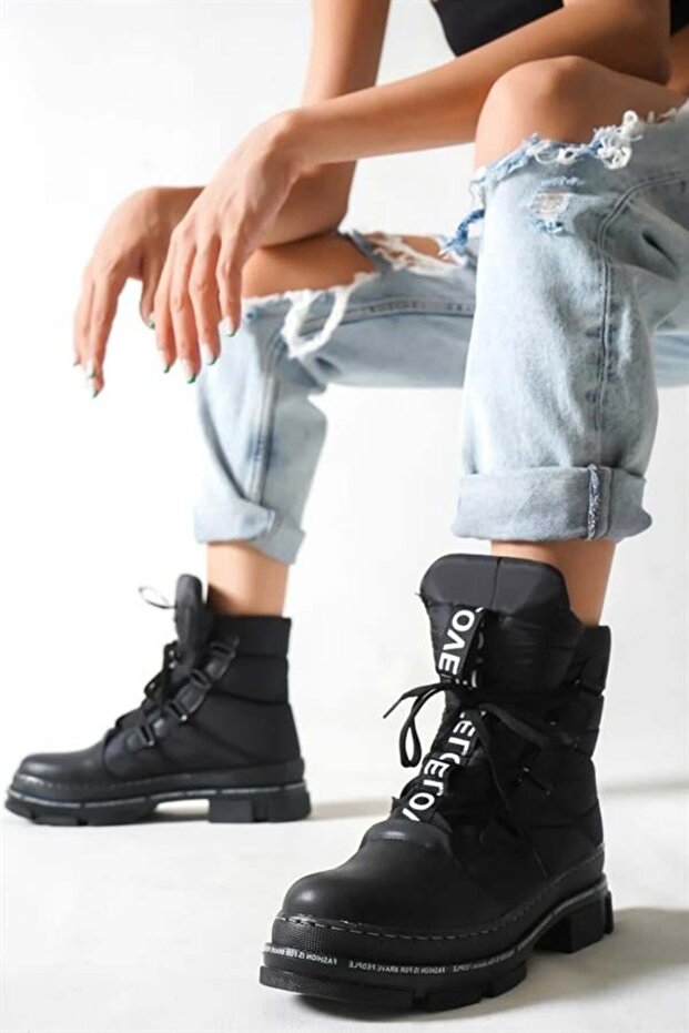 Kadın Siyah Paraşüt Kumaş Kar Botu - 2