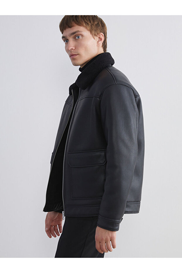 Esvab • Modern & Distinctive Regular Fit Fur Collar Men's Leather Look Coat
