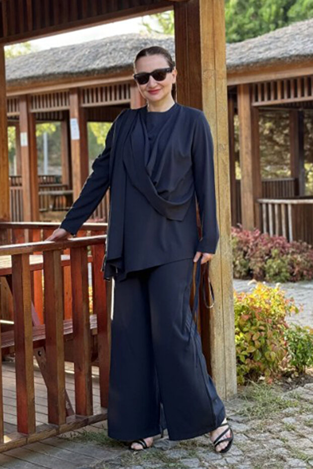 Women's Navy Blue Shawl Collar Tunic Pants Set