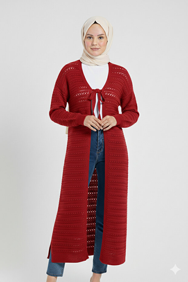 Openwork Tie-Up Long Cardigan