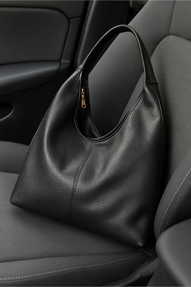 Дамска ежедневна мека текстурирана голяма черна чанта през рамо и чанта тип тоут - 1