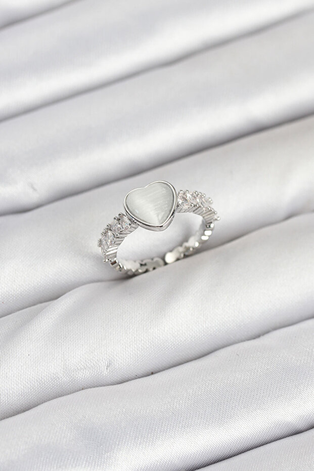 Brass Silver Color Zircon Stone Heart Women's Ring -