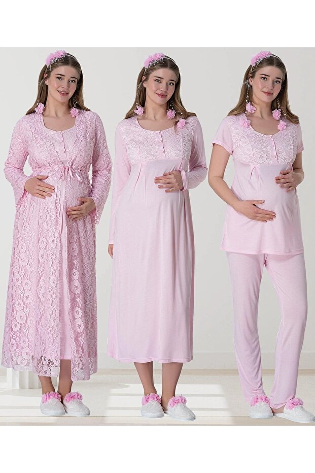 Pink Lace Nightgown Pajamas Maternity Set with Dressing Gown