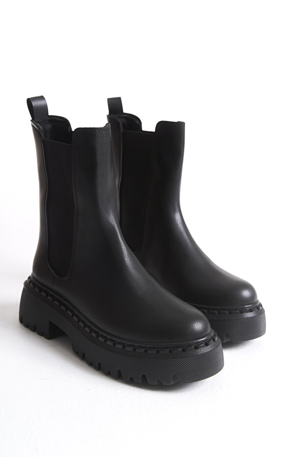 Cizme de damă din piele neagră cu talpă groasă elastică - 1