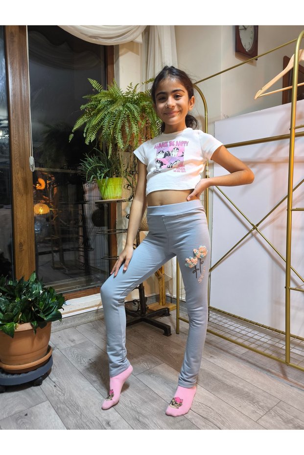Girl's Leggings Winter Ribbed Cotton Elastic Waist Embroidered Tulip Gray
