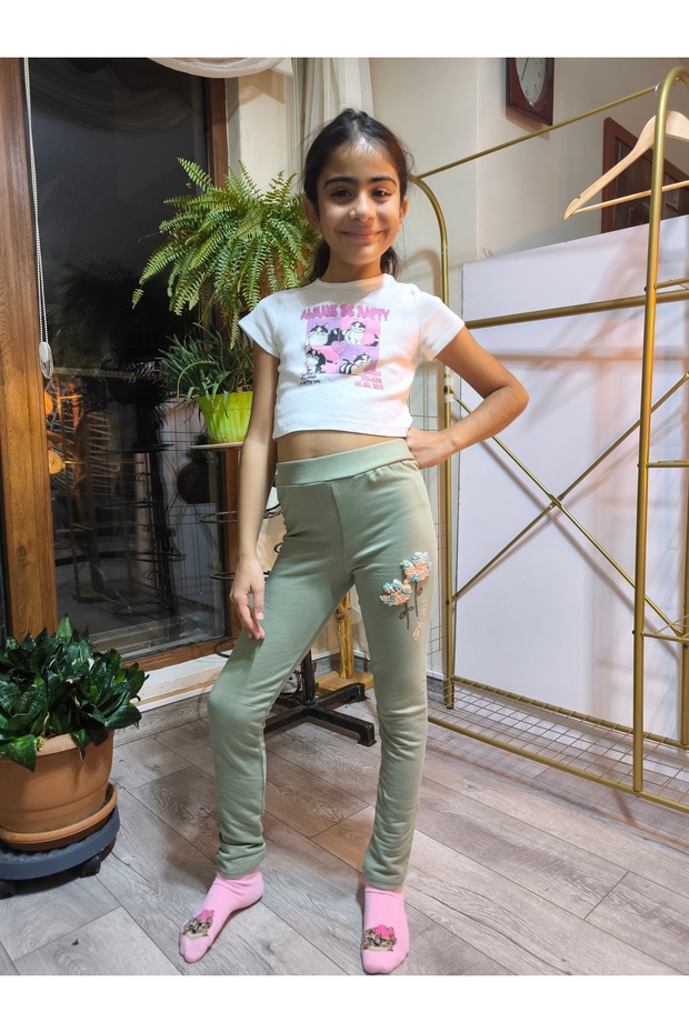 Girl's Leggings Winter Ribbed Cotton Elastic Waist Embroidered Tulip Green