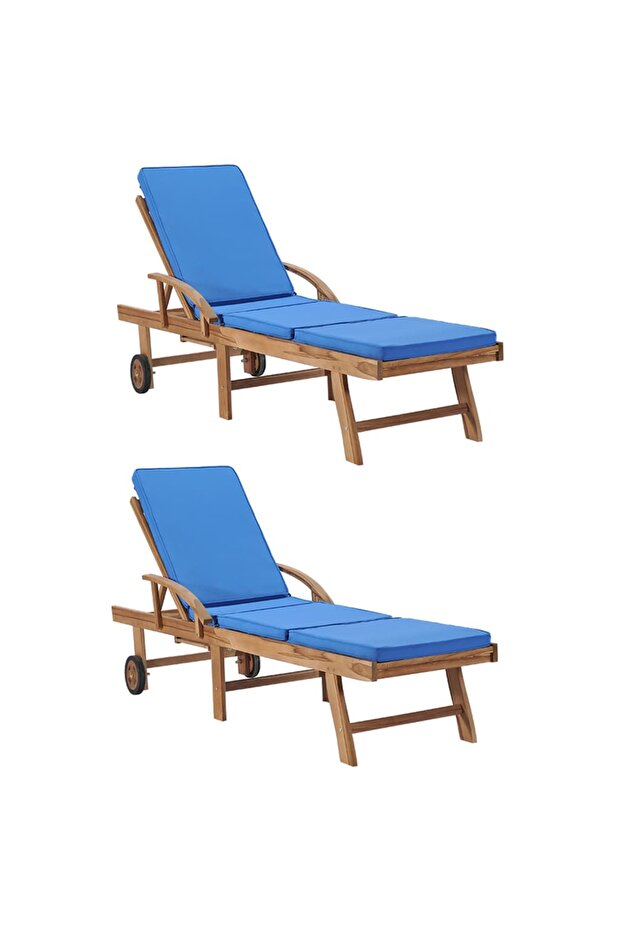 Sun Loungers with Cushions 2 pcs Solid Teak Wood Blue