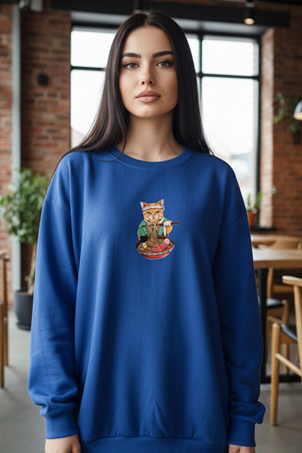 Ramen Eating Cat Unisex Sweatshirt Printed Oversize Long Sleeve Sweatshirt